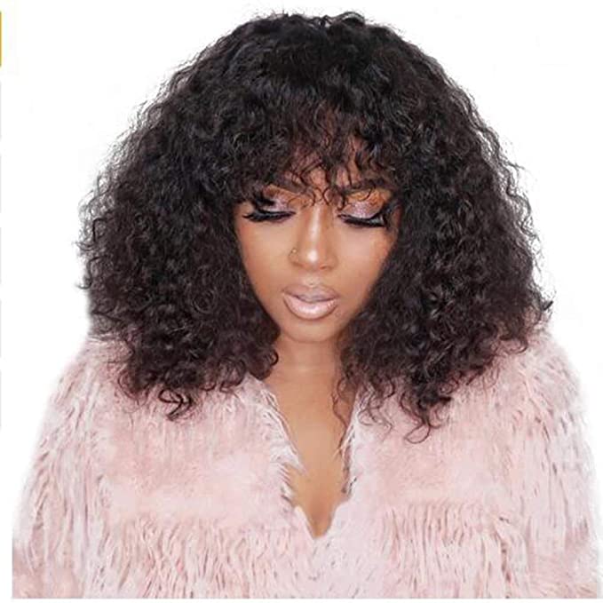 ISEE Hair Short Human Hair Wig with Bangs Brazilian Bob Kinky Curly Virgin Human Hair Wig for Black Women 180% Density Short Afro Curly Bob Wigs with Bangs Natural Black Wigs with Bangs 8 inch