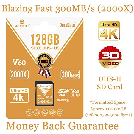 128GB V60 UHS-II SDXC SD Card - Amplim Blazing Fast 300MB/S (2000X) UHS2 Extreme High Speed 128 GB/128G SD XC Memory Card. 4K 8K Video Camera UHSII Card for Fujifilm, Nikon, Olympus, Panasonic, Sony
