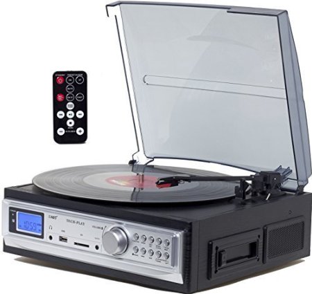 TechPlay ODC19 BK 3-Speed Turntable and Cassett player WSD USB MP3 Encoding System and AMFM Stereo Radio and built-in speakers
