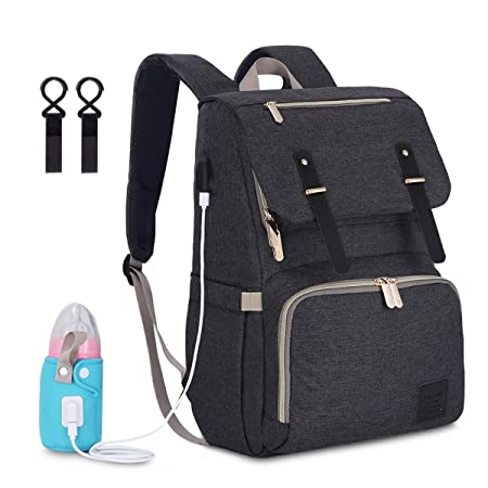 Multi-Function Durable Large Capacity Baby Diaper Bag Waterproof Travel Backpack with Heating Bottle Case and USB Port Nappy Bags for Baby Care (Dark Grey)
