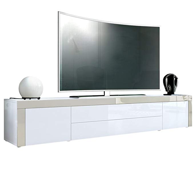 Vladon TV Stand Unit La Paz, Carcass in White High Gloss/Front in White High Gloss a frame in Sand grey High Gloss