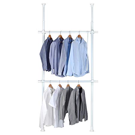SortWise Portable Indoor Garment Rack, DIY Coat Hanger Clothes Wardrobe 2 Poles 2 Bars, Heavy Duty, 44lbs Loading Per Horizontal Bar