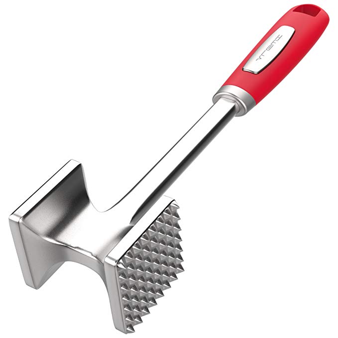 Vremi Heavy Duty Meat Tenderizer - Double Sided Metal Alloy Food Hammer with Ergonomic Rubber Handle - Dishwasher Safe Rust Proof Pounder Mallet Tool for Tenderizing Steak Beef Chicken Pork - Red