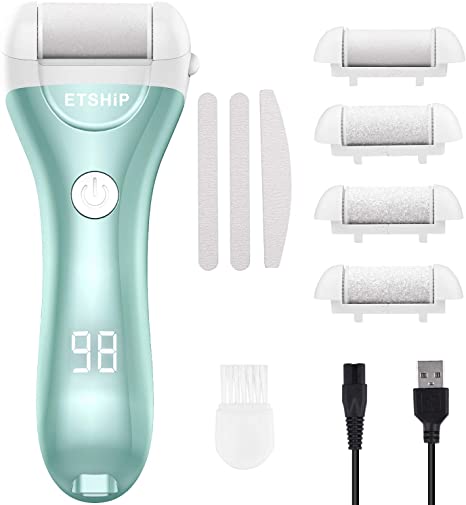 Electric Foot File Callus Remover, Etship Rechargeable Pedicure Feet Care Grinder, Portable Hard Skin Remover Pedicure Tools for Dead Dry Skin, Cracked Heel, Professional Electric Feet Callus Shaver with 4 Roller Heads, 3 Nail Files
