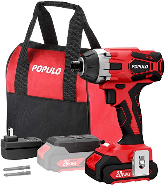 20V Max Lithium Ion Cordless Impact Driver Kit, ¼” Quick Release Chuck, Maximum Torque 1,770 in-lbs, Variable Speed, LED Light, Battery, Fast Charger, 2 Piece Drive Bits and Tool Bag Included. Populo