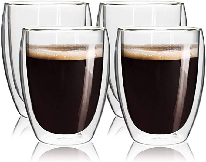 Double Wall Insulated Glass Coffee Cups,12oz or 350ml,Set of 4,Glass Coffee Mug,Tea Cups,Glass Cups,Latte Cups,Beverage Glasses,Clear Wine Glasses,Heat Resistant,Dishwasher Safe