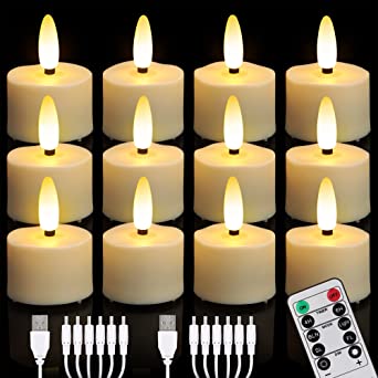 FREEPOWER 12pcs Rechargeable LED Tea Lights Flickering with Remote Control and Timer Dimmable Warm White Flameless Candles with 2 USB Charging Cables, Home Decoration for Halloween Christmas