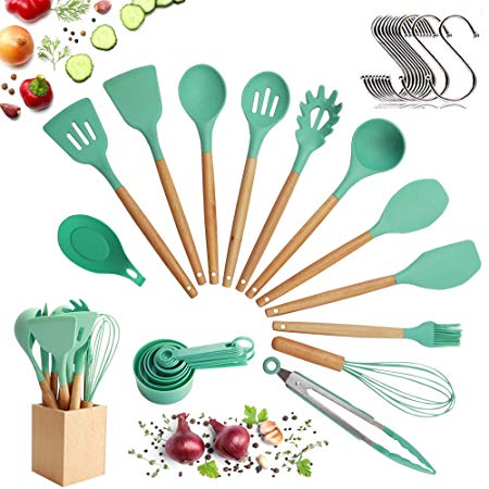 Utensils Set for Cooking with Silicone Head, Wood Handle and Wooden Container (23 Pieces   Bonus Hanging Hooks) - Kitchen Utensil Tools Set - Green