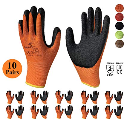 Nitrile Latex Rubber Palm Coated Safety Work Gloves, Nylon Knit, Textured Grip (10 Pair Value Pack) (Medium, Orange)