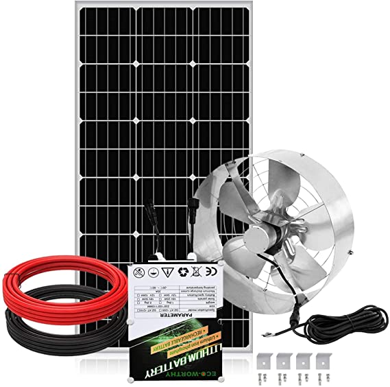 ECO-WORTHY 65W Solar Powered Fan with 100W Solar Panel Starter & Multifunctional 10AH Lithium Battery, Cools and Ventilates Your House, Bathroom, Kitchen, Garage or RV, Protects Against Moisture