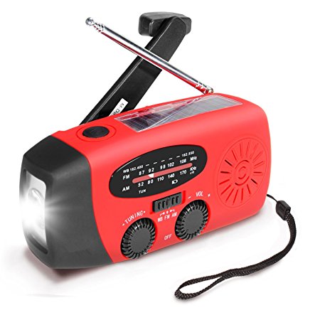 Multi-Function Solar Radio - EpochAir Emergency Solar Hand Crank Self Powered AM/FM/NOAA Weather Radio, LED Flashlight, Smart Phone Charger Power Bank with Cables (Red)