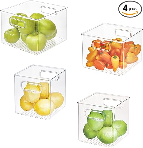 iDesign 50% Recycled Plastic Refrigerator Set, Made in The USA – Versatile Design Ideal for Freezer, Fridge, Pantry, and Cabinet Organization, Two 6” x 6” x 6” & Two 6” x 6” x 8” Bins, Clear