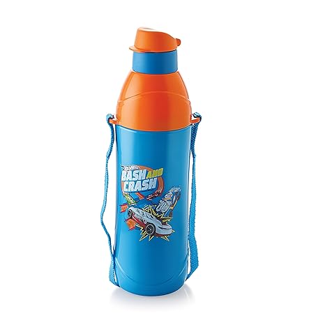 CELLO Puro Junior Hot Wheel Print Plastic Water Bottle for Kids | Easy Carry Wrist Belt | Leak Proof & Refrigerator Safe| Keeps Content Cold for Long hours | 600ml, Dark Blue