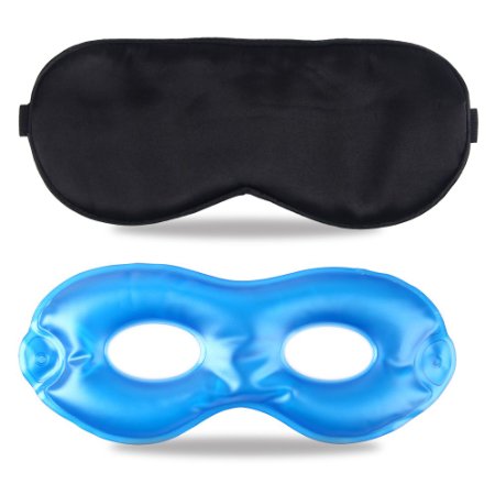 Fitglam Pure Silk Sleep Mask   Reusable Cold / Hot Therapy SPA Gel Eye Mask Set - Improve Sleep, Alleviate Puffy, Swollen Eyes, Fatigue, Headache and Tension (Black)