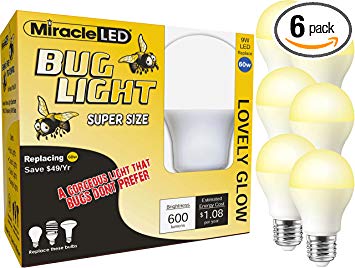 MiracleLED 604926 9W Lovely Glow Super Bug Light Replacing Old, Hot 60W Incandescent and Painted Bulbs, Amber, 6 Piece
