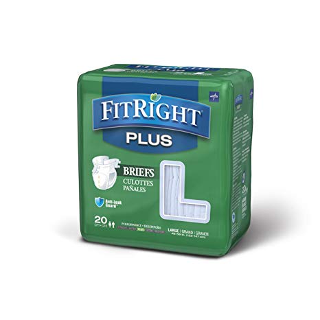 FitRight Plus Adult Briefs with Tabs, Moderate Absorbency, Large, 48"-58", 4 packs of 20 (80 total)