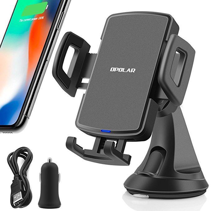 OPOLAR Fast Wireless car Charger with Phone Holder Mount on Dashboard&Windshield&Air Vent, 10W for Samsung,7.5W for iPhone and Qi-Enabled Device, 0 Heat, Washable Sucker, 360°Rotation, USB Car Charger