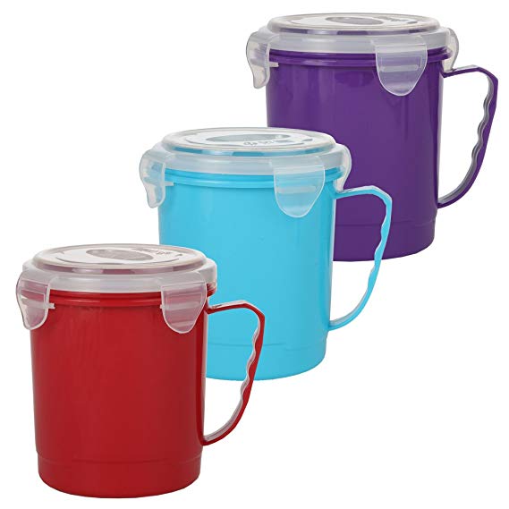 Home-X - Microwave Soup Mug Set with Secure Snap Close Vented Lids, 22 oz Mugs Allow You to Heat and Eat Soups, Noodles, Hot Cereal and More in a Single Container, Set of 3, Red, Blue and Purple