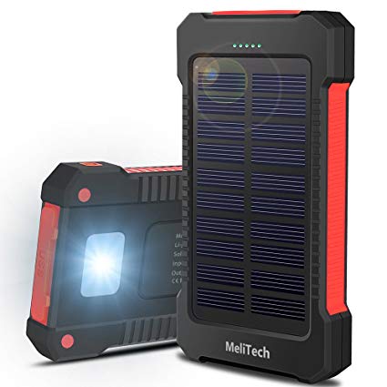 MeliTech Portable Solar Charger Waterproof Mobile Power Bank 20000mAh External Backup Battery Dual USB 5V 1A/2A Output With LED Flashlight and Compass For Phones Tablet Camera iPhone Samsung (Red)