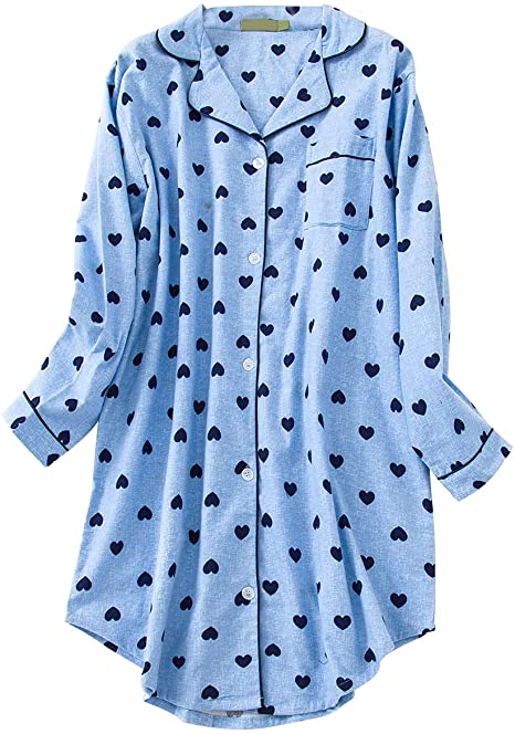 Shymay Women's Flannel Cotton Nightgown Button Down Boyfriend Nightshirt Long Sleeve Sleep Shirts Pajama Tops