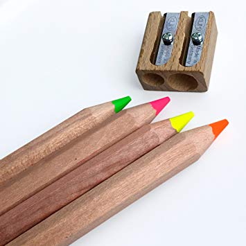 Jumbo Highlighter Pencils Set of 4 Neon Colors - Includes Wooden Sharpener