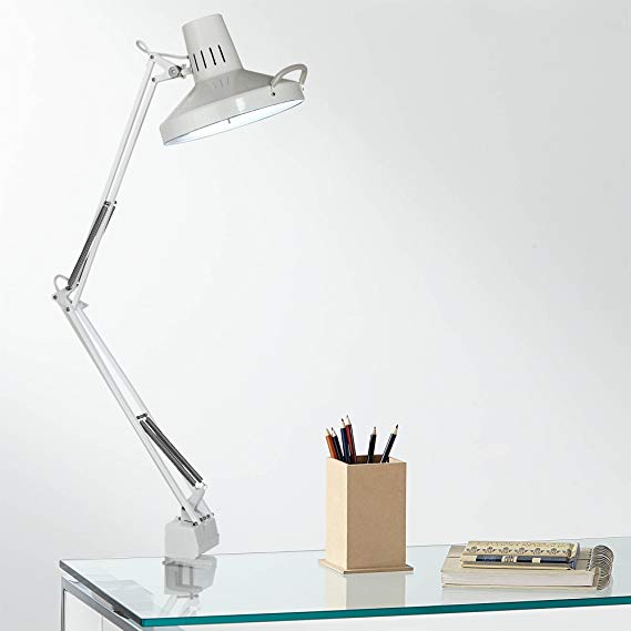 Architect Style White Metal Clamp-On Adjustable Desk Lamp - 360 Lighting