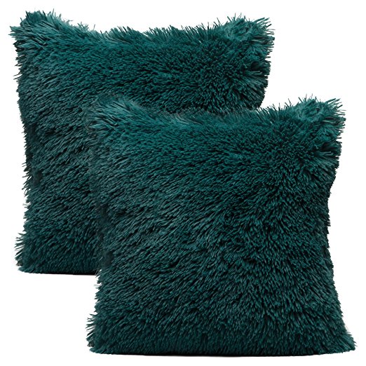 Chanasya Super Soft Long Shaggy Chic Fuzzy Fur Faux Fur Warm Elegent Cozy Teal Throw Pillow Cover Pillow Sham - Solid Teal Fur Throw Pillowcase 18x18 Inches 2-Pack(Pillow Insert Not Included)