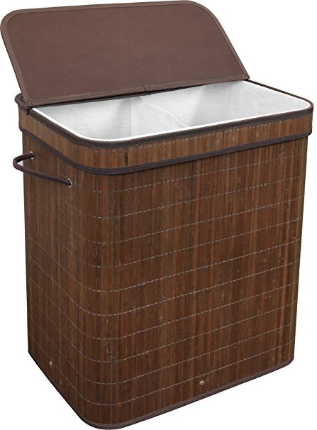 Greenco Bamboo Foldable Double Hamper, Flip-top Lid, Side Rope Carrying Handles and Inner Liner With Divider- Espresso