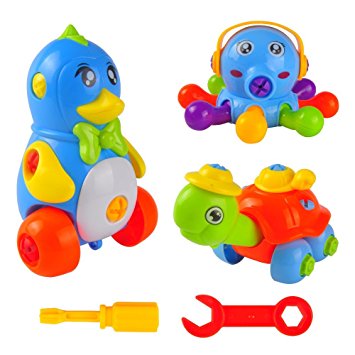 Take Apart Toys 3 Animal Set, Stem Educational Toys for Boys and Girls, Three Fun Pull Apart Toddlers' Toys (Penguin, Tortoise, Octopus) w/ Screwdriver Tools and Storage Bags, Best for Children Age 3