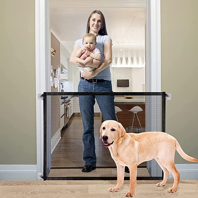 Magic Dog Gate, Pet Safety Guard Gate, Portable Folding Mesh Child's Safety Gates Install Anywhere, Safety Fence for Hall Doorway Wide 41*31"-Black