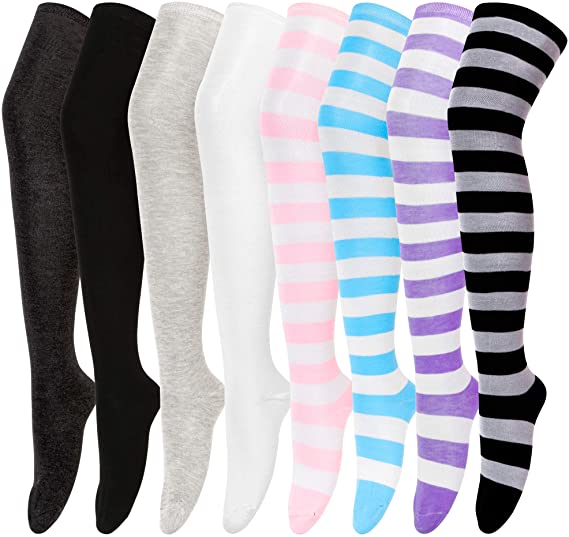 8 Pairs Womens Thigh High Socks Cotton Over the Knee Long Socks for Women