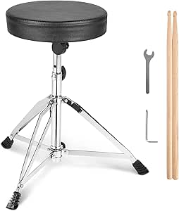 VEVOR Drum Throne, 19.3 to 23 in / 490-585 mm Height Adjustable, Padded Drum Stool Seat with Anti-Slip Feet 5A Drumsticks 330 lbs / 150 kg Maximum Weight Capacity, 360° Swivel Drum Chair for Drummers