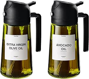 16oz Olive Oil Dispenser for Kitchen - 2 in 1 Olive Oil Dispenser and Oil Sprayer - Olive Oil Dispenser Bottle w/Stickers - Olive Oil Sprayer for Cooking 2Pcs Black (Light Blockage)