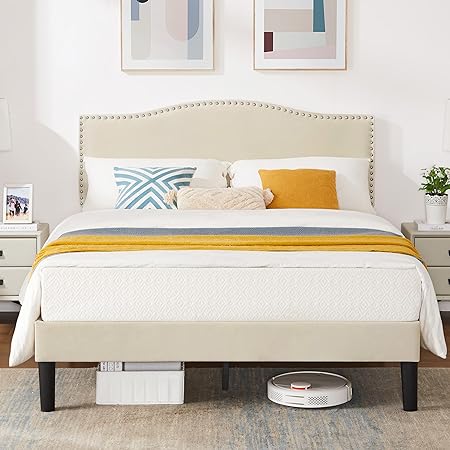 VECELO Full Bed Frame Platform Bed Frame with Upholstered Headboard, Strong Frame and Wooden Slats Support, Strong Weight Capacity, Non-Slip and Noise-Free, Easy Assembly,Beige