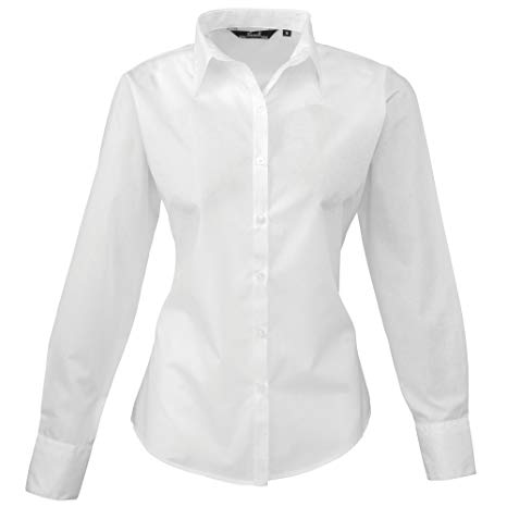 Premier Womens/Ladies Poplin Long Sleeve Blouse / Plain Work Shirt (12) (White)