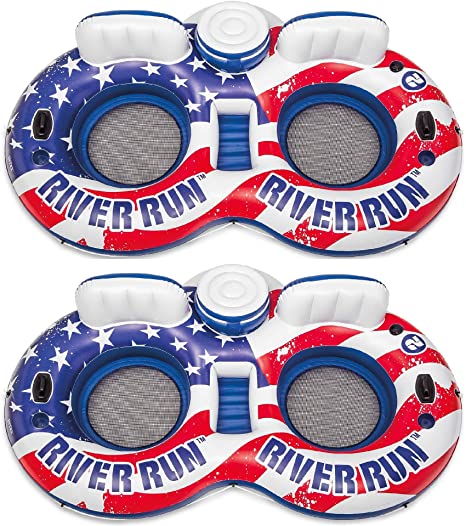 Intex 56855VM River Run Inflatable American Flag 2 Person Water Lounge Pool Tube Float with Cooler, Cup Holders, and Easy Patch Repair Kit (2 Pack)