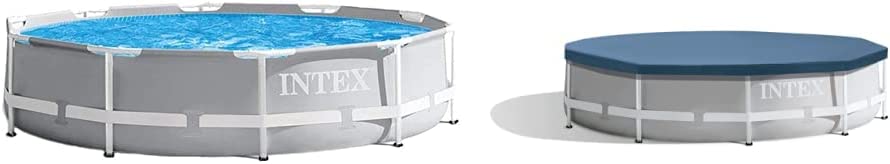 INTEX 26701EH 10 Foot x 30 Inch Prism Premium Frame Above Ground Pool | Cartridge Filter Pump Included & Round Metal Frame Pool Cover, Blue, 10 ft