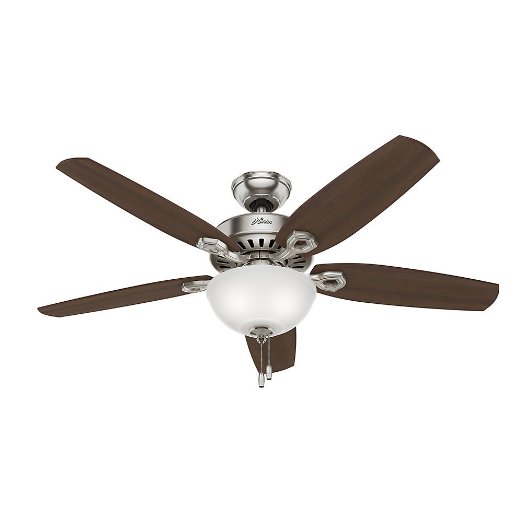 Hunter 53090 Builder Deluxe 5-Blade Single Light Ceiling Fan with Brazilian Cherry/Stained Oak Blades and White Cased Glass Light Bowl, 52-Inch, Brushed Nickel