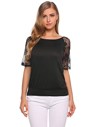 UNibelle Womens Floral Lace Top Fitted Casual V Neck Short Sleeve Blouse
