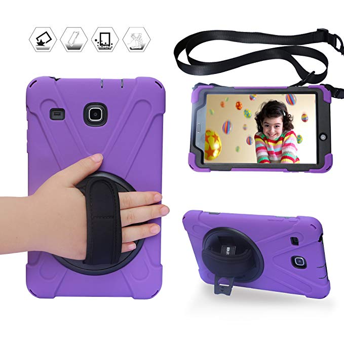BRAECN for Galaxy Tab E 8.0 Case with 360 Degree Rotation Stand/a Hand Strap and a Shoulder Strap Case [Shock Proof] Hybrid pc Silicone Cover for Samsung Tab E 8 T375 SM-T377 Case (Purple)