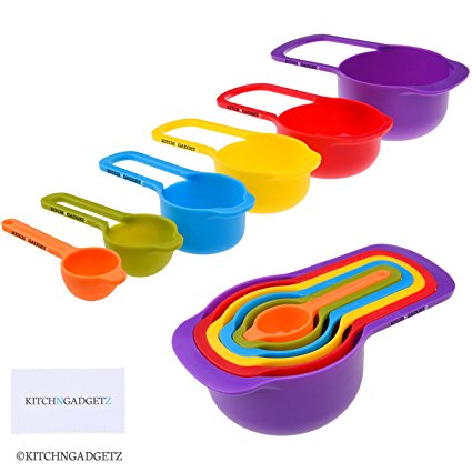 Set of 6 Measuring Cups and Spoons - Space Saving Design - Colorful - Includes: 1/2 Tbls, 1 Tbls, 1/4 cup, 1/3 cup, 1/2 cup, 1 cup - Durable Plastic - Easy to Clean - Dishwasher Safe