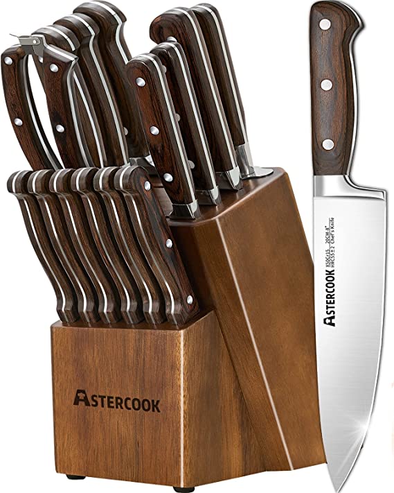 15 Pcs Kitchen Knife Set With Wooden Block, Astercook German Stainless Steel Cutlery With Knife Sharpener & 6 Steak Knives