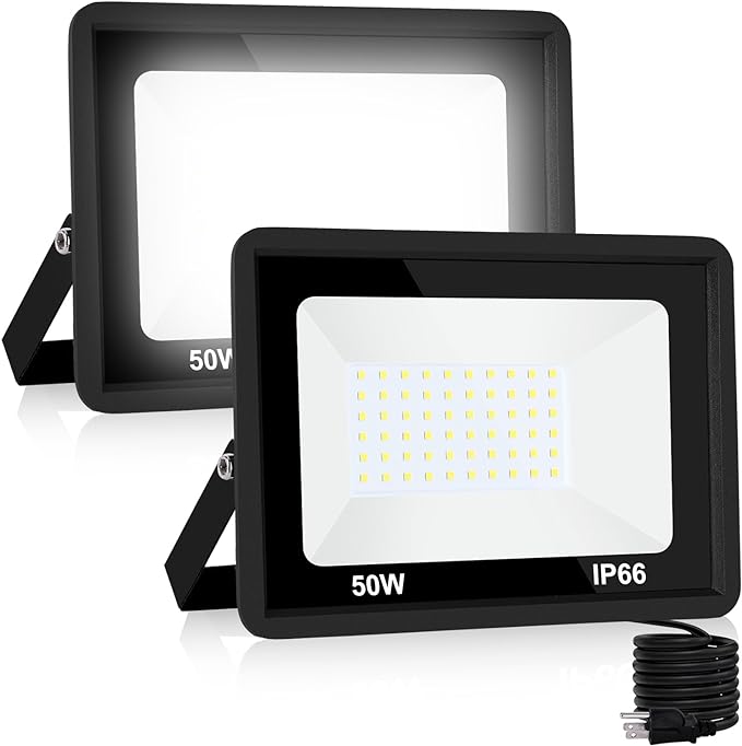 2 Pack 50W LED Flood Light Outdoor, 4500lm Outside Work Light with Plug Floodlight IP66 Waterproof, 6500K(Eqv.200W MH/HPS) Security Light for Garage, Garden, Lawn and Yard