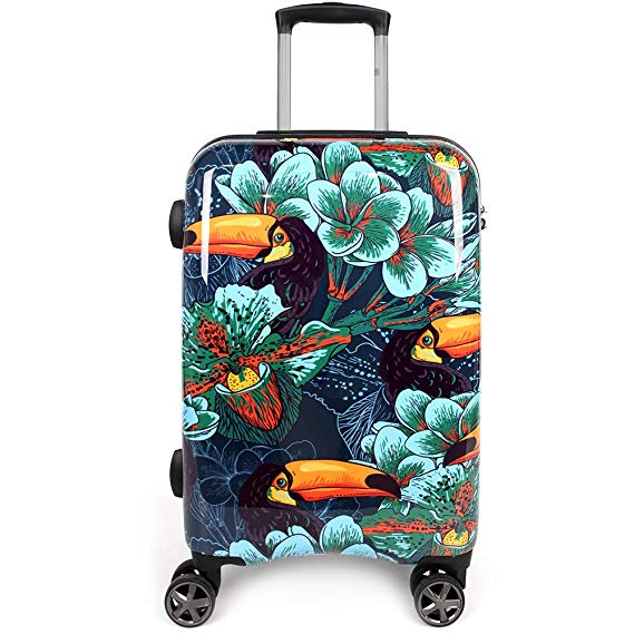 NEWCOM Printing Luggage 24 Inch Teens Spinner Wheels Hardside Cartoon Printed Toucan Colorful Upright Suitcase ABS PC Built-In TSA Lock