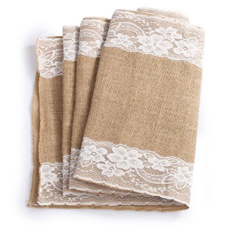 Lings moment Burlap Table Runner with Lace Trim for Wedding Party Table Decorations 12x108 Inch 1 Piece