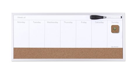 U Brands Magnetic Dry Erase/Cork Weekly Calendar Board, 18 x 7.5 Inches, Silver Aluminum Frame