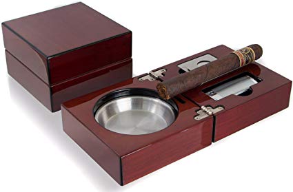 Mantello Cherry Wood Folding Cigar Ashtray Set with Jet Torch Cigar Lighter and Cigar Cutter