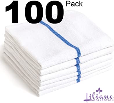 Liliane Collection Bulk Economy Wholesale Terry Bar Mops Towels (100 Towels) - 15" x 18" Commercial Grade 100% Cotton - Bleach Resistant - (High Density 28 oz/Dozen) - White with Blue Stripes