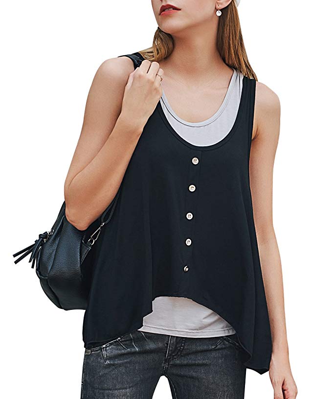 sullcom Women's Summer Sleeveless Loose Camis Vest Casual Plain Button Decor Tank Top Pack