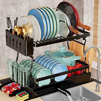 Dish Drying Rack,2-Tier Dish Racks for Kitchen Counter,Large Capacity Stainless Steel Dish Rack with Drainboard,Detachable Dish Drainer Organizer with Utensil Holder Cup Pot Sponge Dish Drying Mat